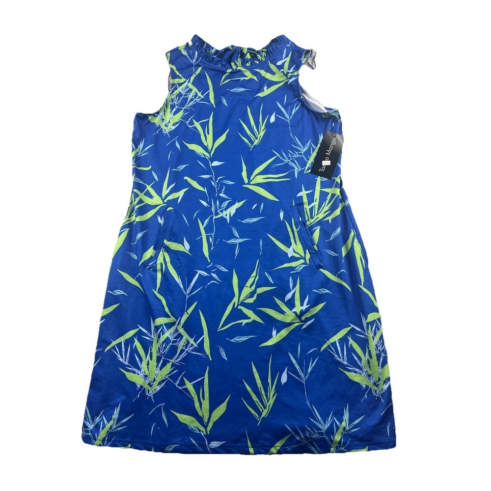 Tango Mango Blue Botanical A-Line Dress Pockets Neck Tie Back Women's XL NWT